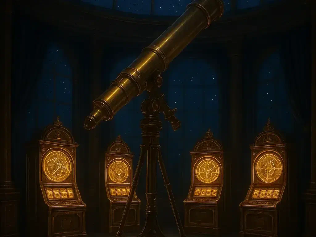 Brass telescope standing between gold-lit slot cabinets inside the BetMica observatory casino